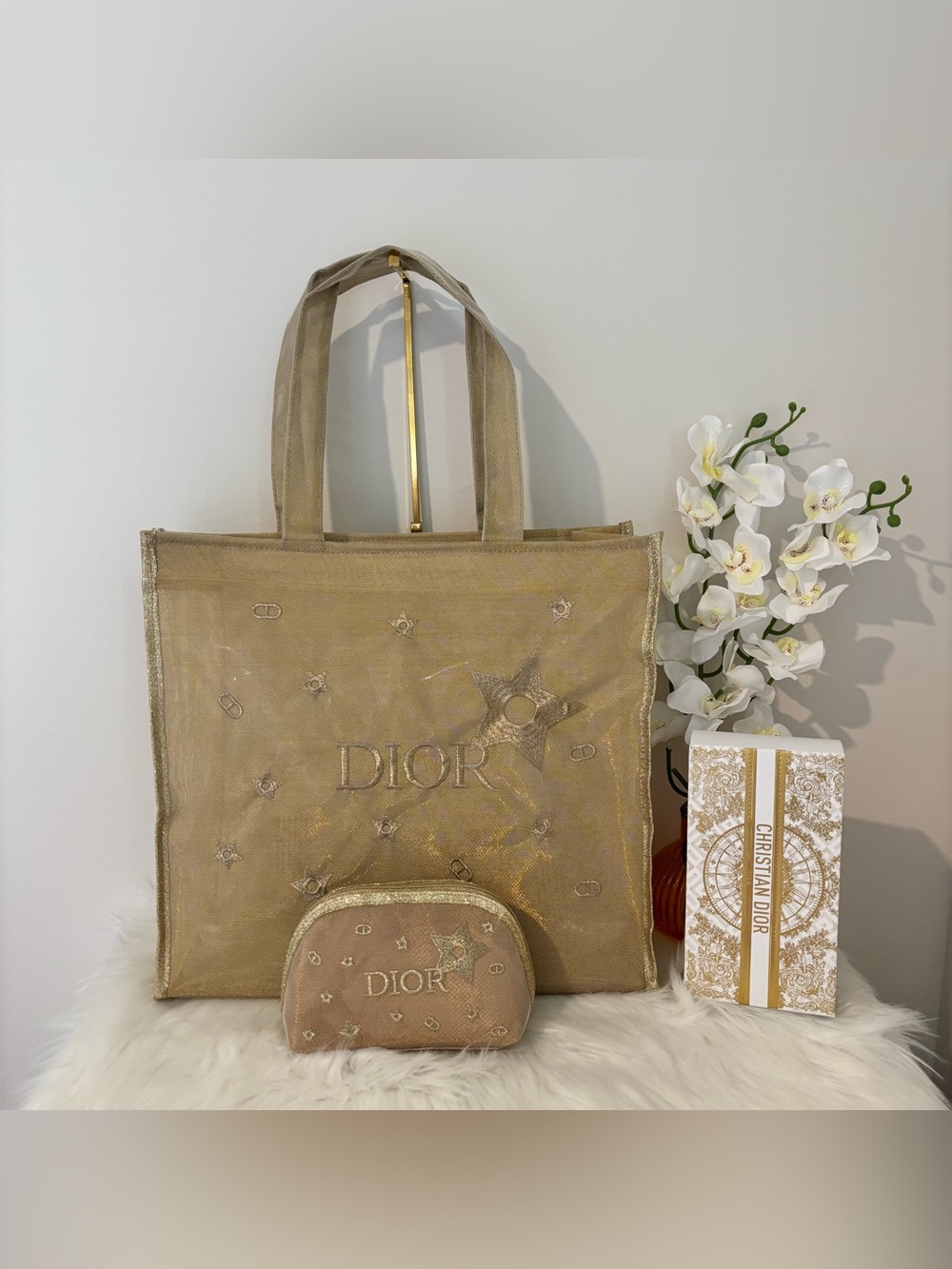 DIOR Beauty Lucky Star Metallic Gold Mesh Tote bag w/ Pouch VIP Novelty NEW